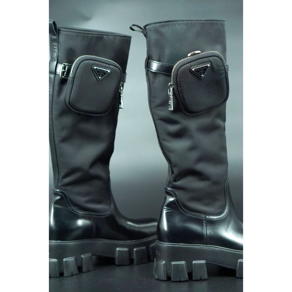 Prada Monolith Nylon Zip Bag Lug Combat Boot SZ 38 Logo Pocket Riding Platform - Picture 5 of 12